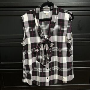 Calvin Klein Purple Tartan Plaid Sleeveless Tie Front Blouse Women's Size Medium